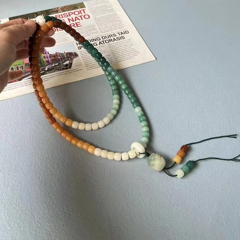 Weathering Yellow Green Gradient Rainbow Duobao Straight Cut Barrel Beads Bodhi Root Beads Bracelet Bodhi Seed Hand Bead Polished Bracelet