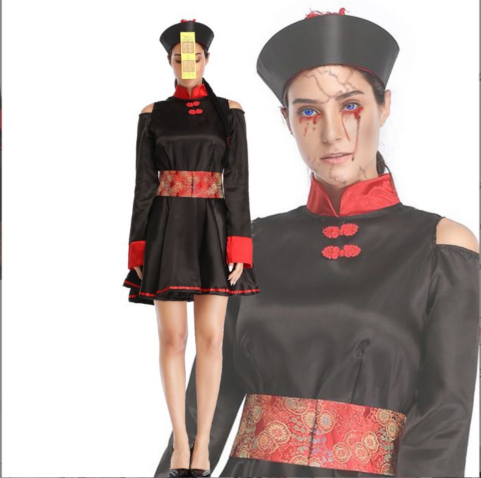 m-xl血腥丧尸吸血鬼复古刺绣印花日本万圣节cosplay僵尸服装连衣