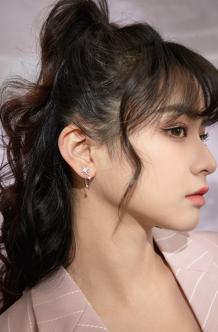 925纯银六芒星耳钉女耳环耳饰流苏小众设计ins简约闪钻轻奢