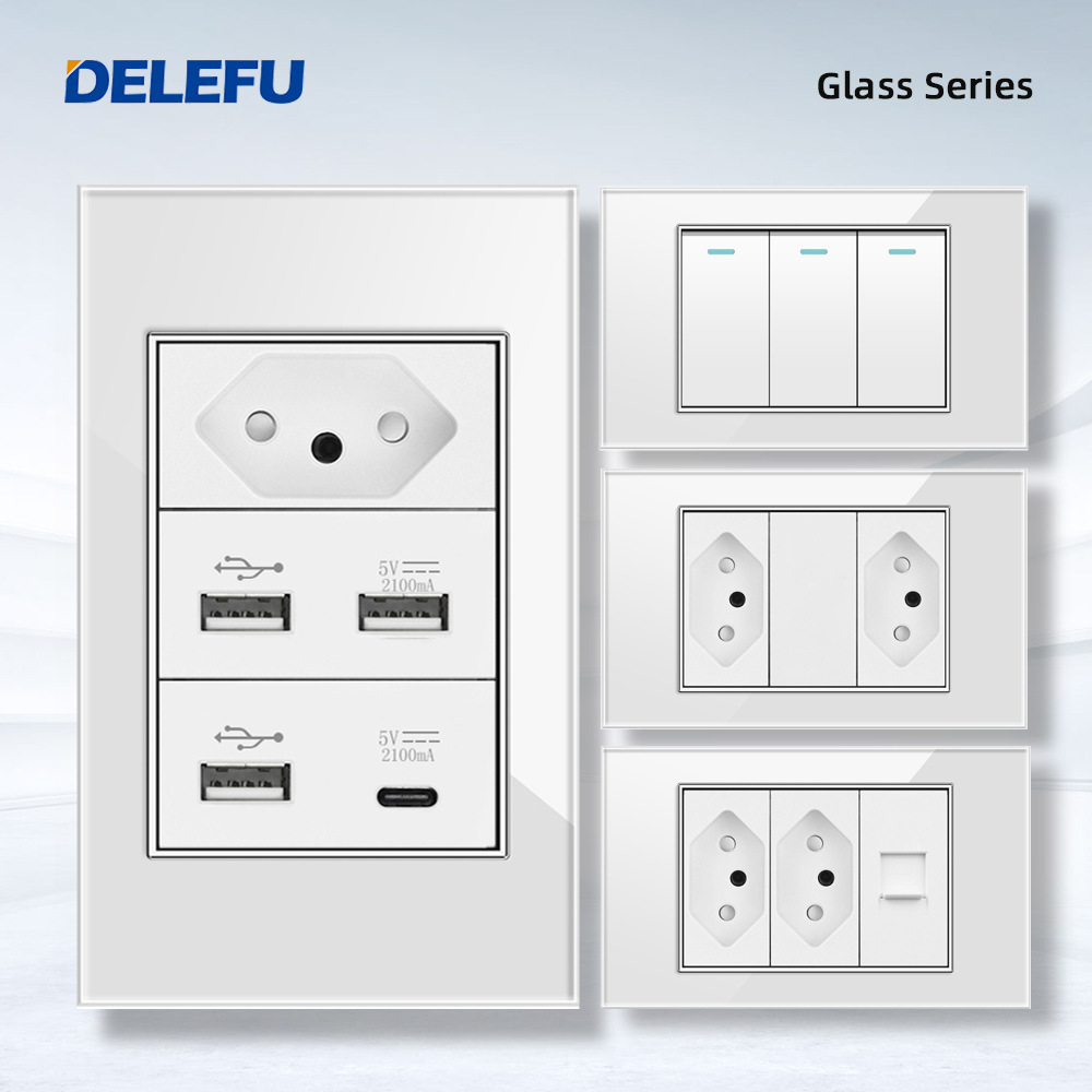 DELEFU白色钢化玻璃面板瑞士巴西标准双USB-C墙壁插座1/2/3开电灯