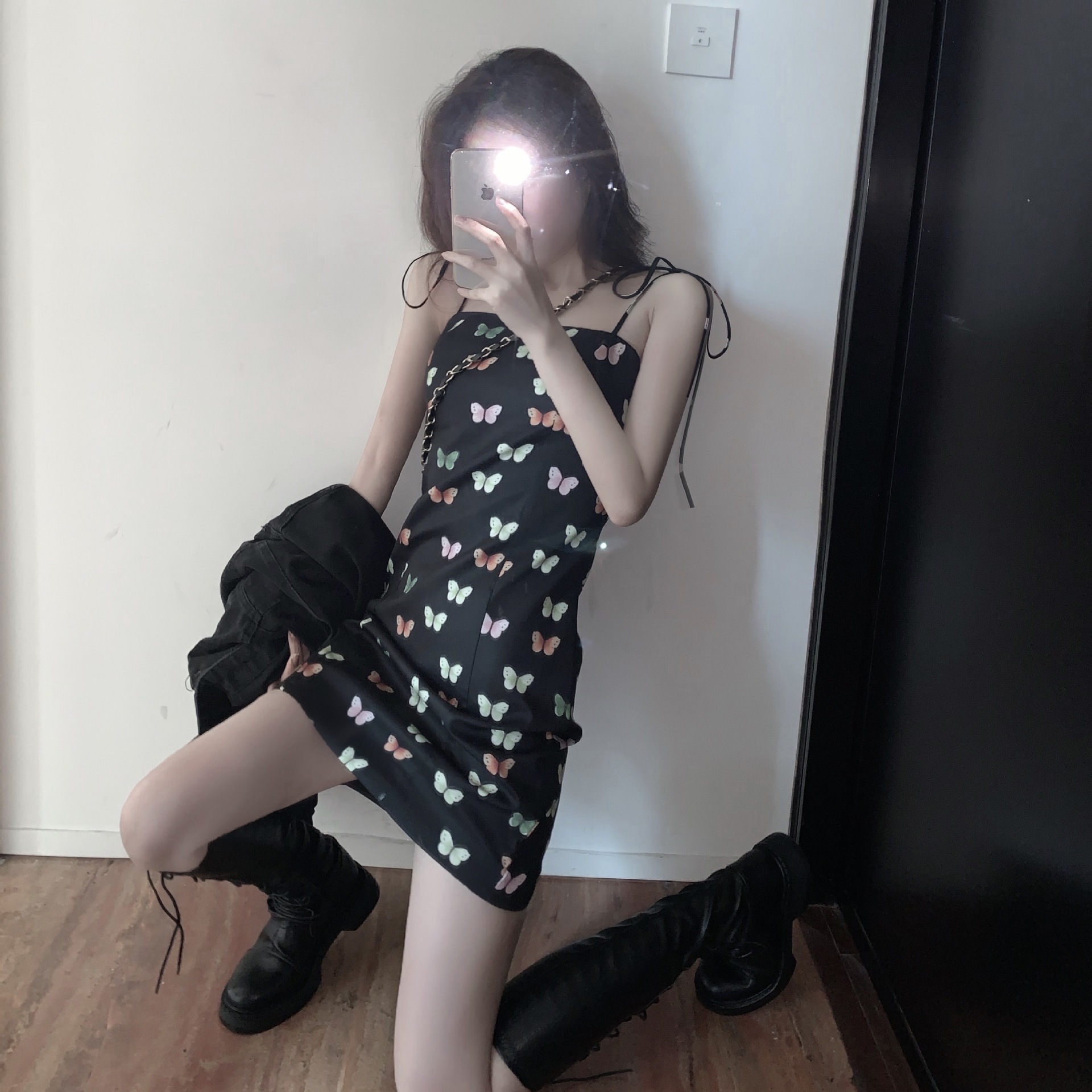 早秋套装女韩版小清新超仙性感辣妹吊带蝴蝶连衣裙 时尚牛仔外套