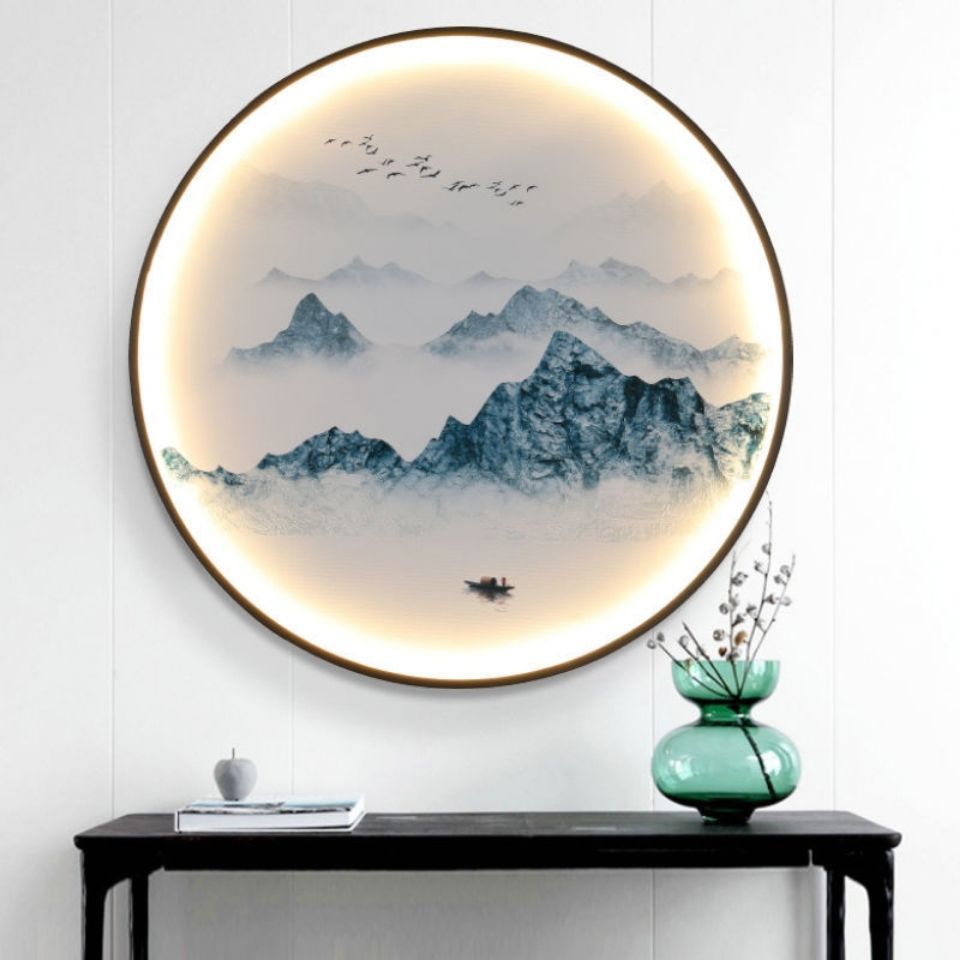 带灯装饰画新中式圆形挂画圆形壁画餐厅入户玄关发光轻奢晶瓷镶钻