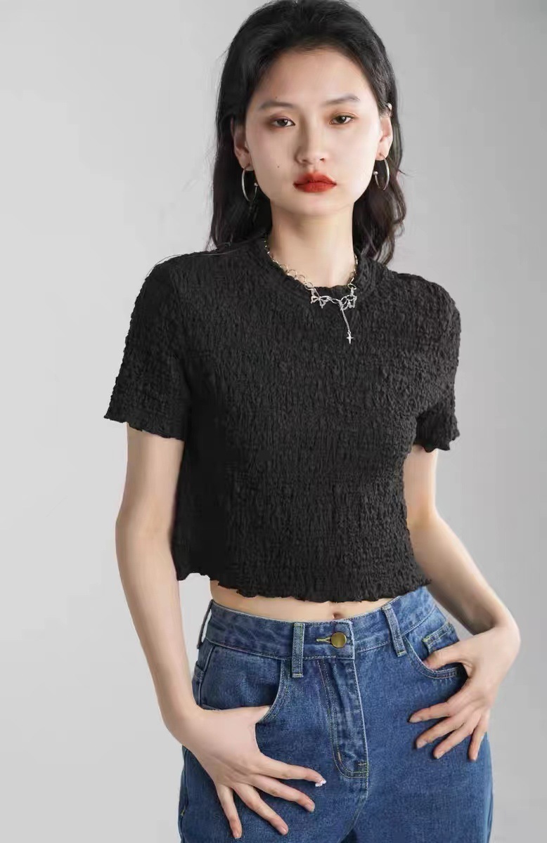 时尚新款夏季短款女装t恤百搭设计感小众纯色圆领短袖粉色上衣