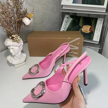 西班牙外贸ZA鞋2022新款粉色高跟鞋婚鞋尖头浅口水钻扣后空单鞋女