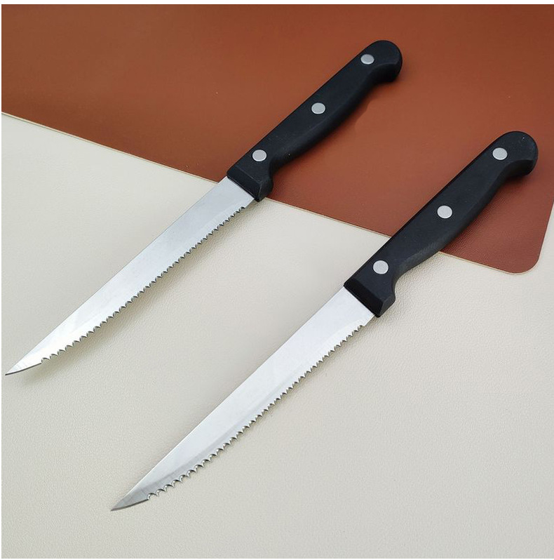 Cross-Border Supply Amazon Stainless Steel Saw Knife Fruit Knife Barbecue Meat Cutting Mirror Light Steak Knife Plastic Handle Steak Knife