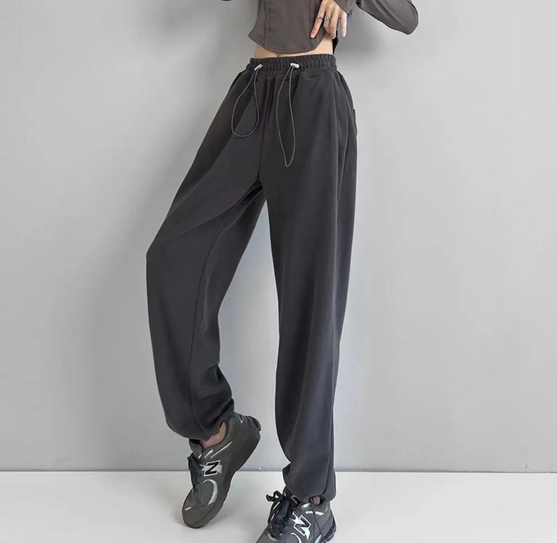灰色运动裤女春秋加长束脚裤猪鼻扣小个子卫裤2023百搭宽松休闲裤