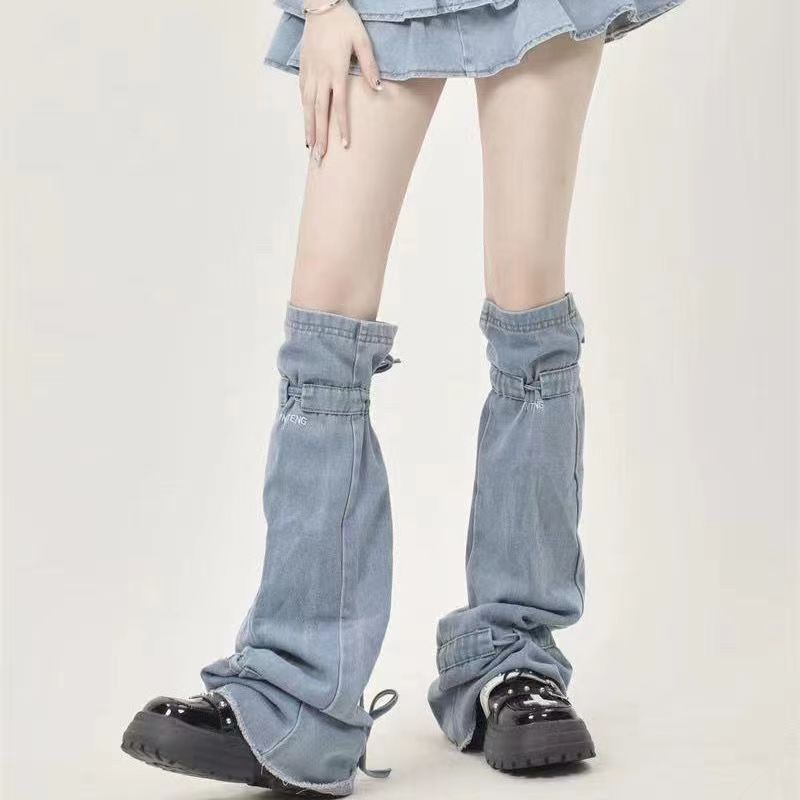 跨境速卖通轻亚风水洗牛仔腿套千禧y2k亚文化绑带堆堆袜辣妹腿袜