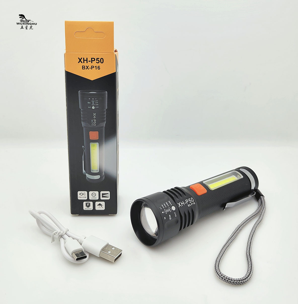 New Aluminum Alloy P50 Outdoor Zoom Long-Range Red Light Warning Emergency Light Cob Sidelight Flashlight