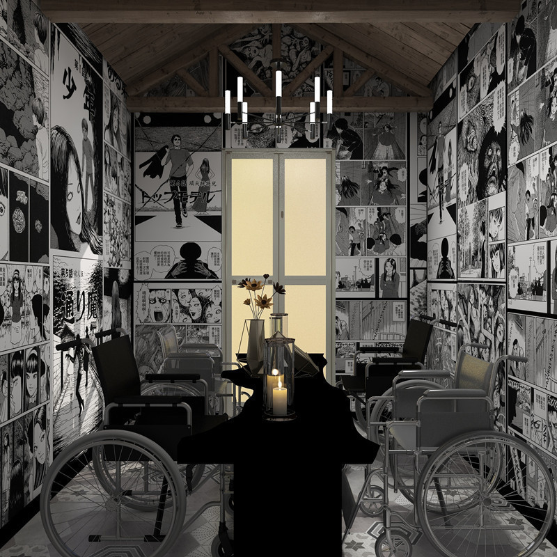 卡通动漫富江墙纸密室逃脱桌游剧本杀探案馆恐怖黑白漫画背景壁纸