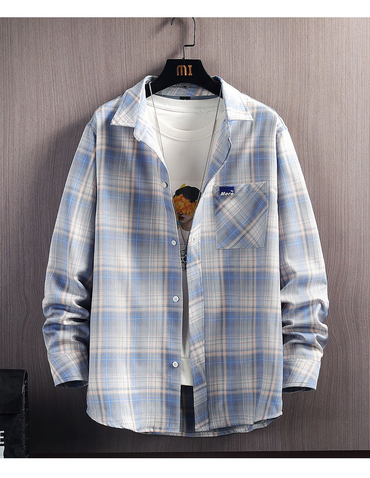 2021秋季新款男士港风翻领格子长袖衬衫韩版青少年休闲男衬衣潮流