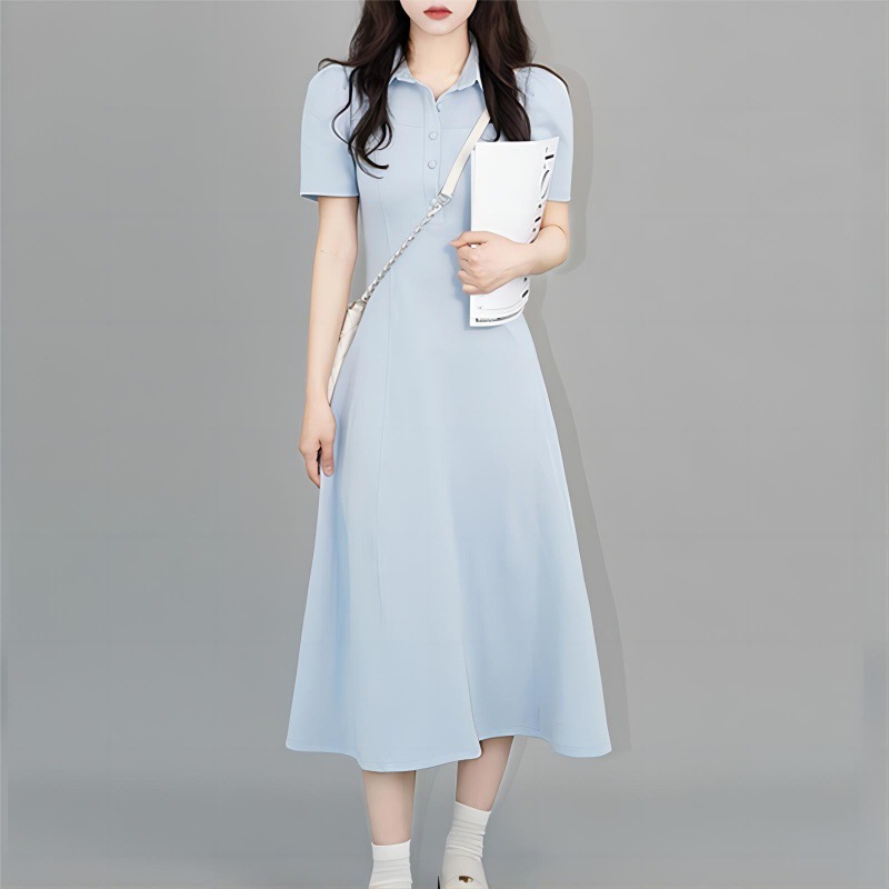 蓝色polo领连衣裙女夏季学院风甜美减龄收腰显瘦小个子气质长裙子