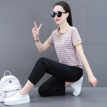 韩版夏季新款条纹女短袖套装休闲时尚POLO衫女棉上衣冰丝九分裤