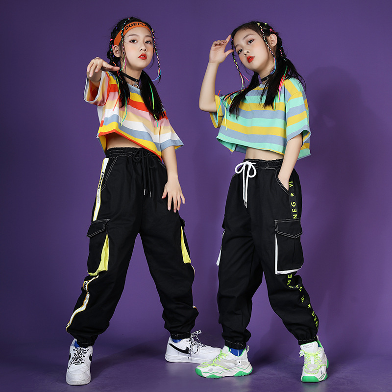 女童爵士舞套装韩版女孩露脐衣服条纹短袖洋气儿童嘻哈街舞表演服