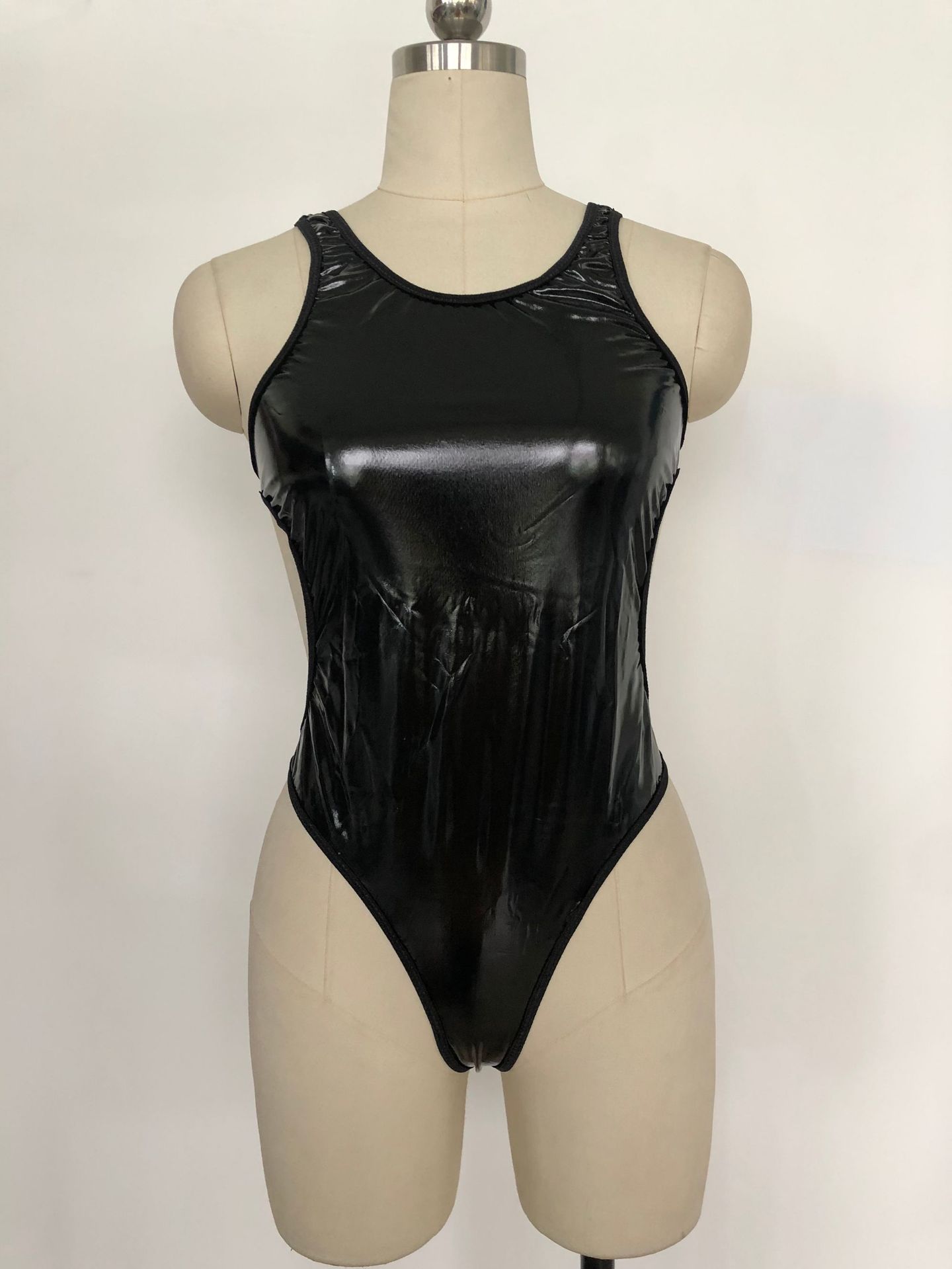 情趣内衣女黑色漆皮露背高叉死库水连体衣套装机车服万圣节派对服