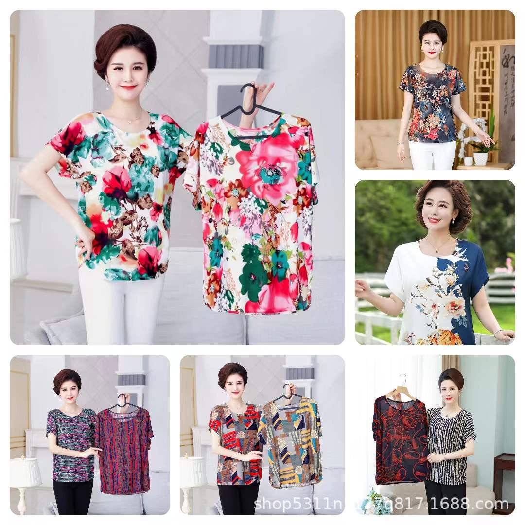 2023 new summer clothes middle-aged and elderly women‘s ice silk women‘s short-sleeved t-shirt mother‘s large size t-shirt stall supply