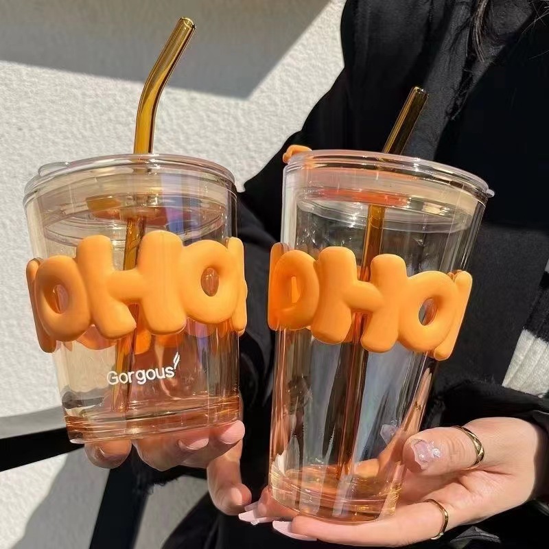 果汁杯吸管杯礼品广告咖啡杯伴手礼直筒字母极光杯玻璃水杯可印制