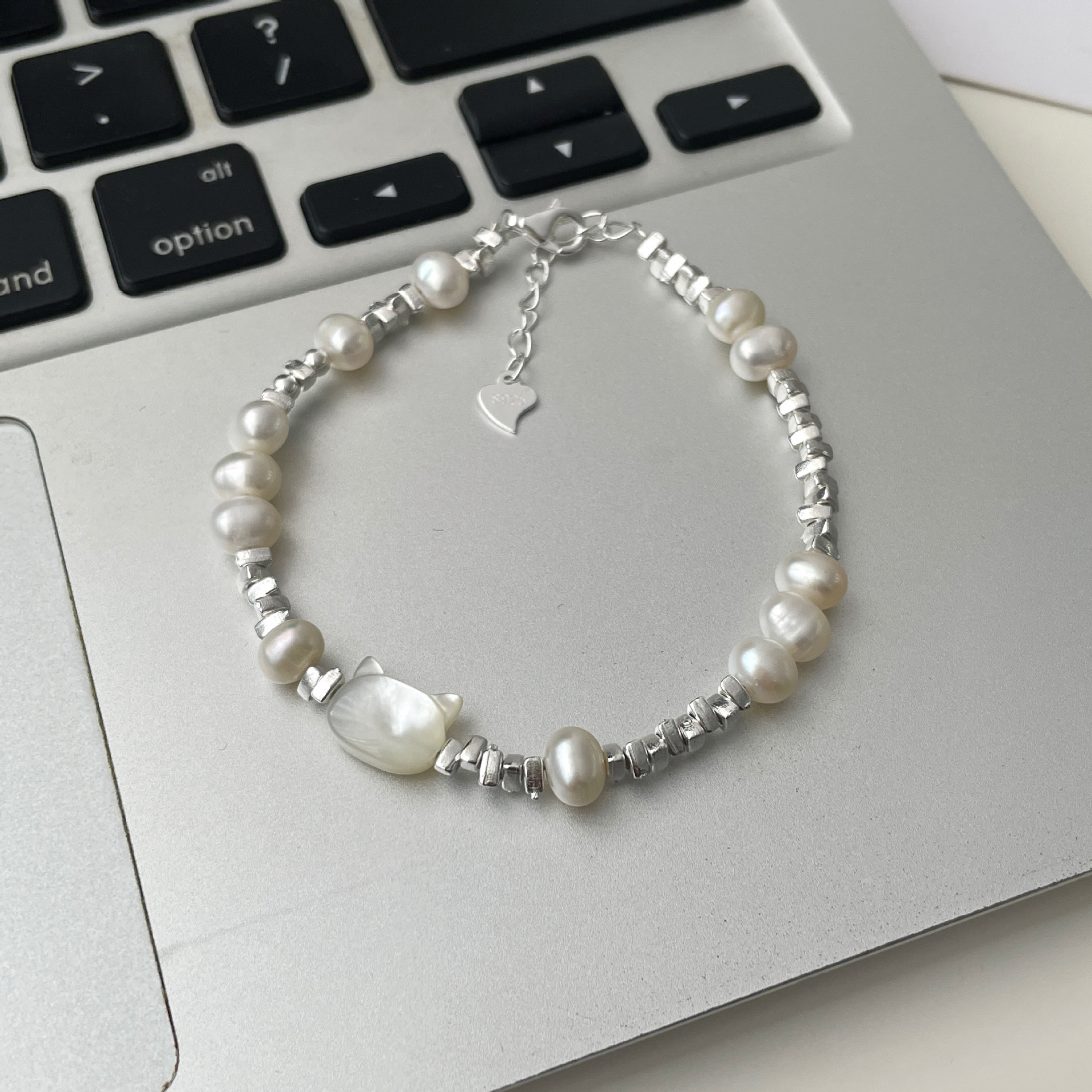 艾芙拉s925纯银韩版精致碎银子珍珠拼接珍珠手链小猫咪手工串手饰