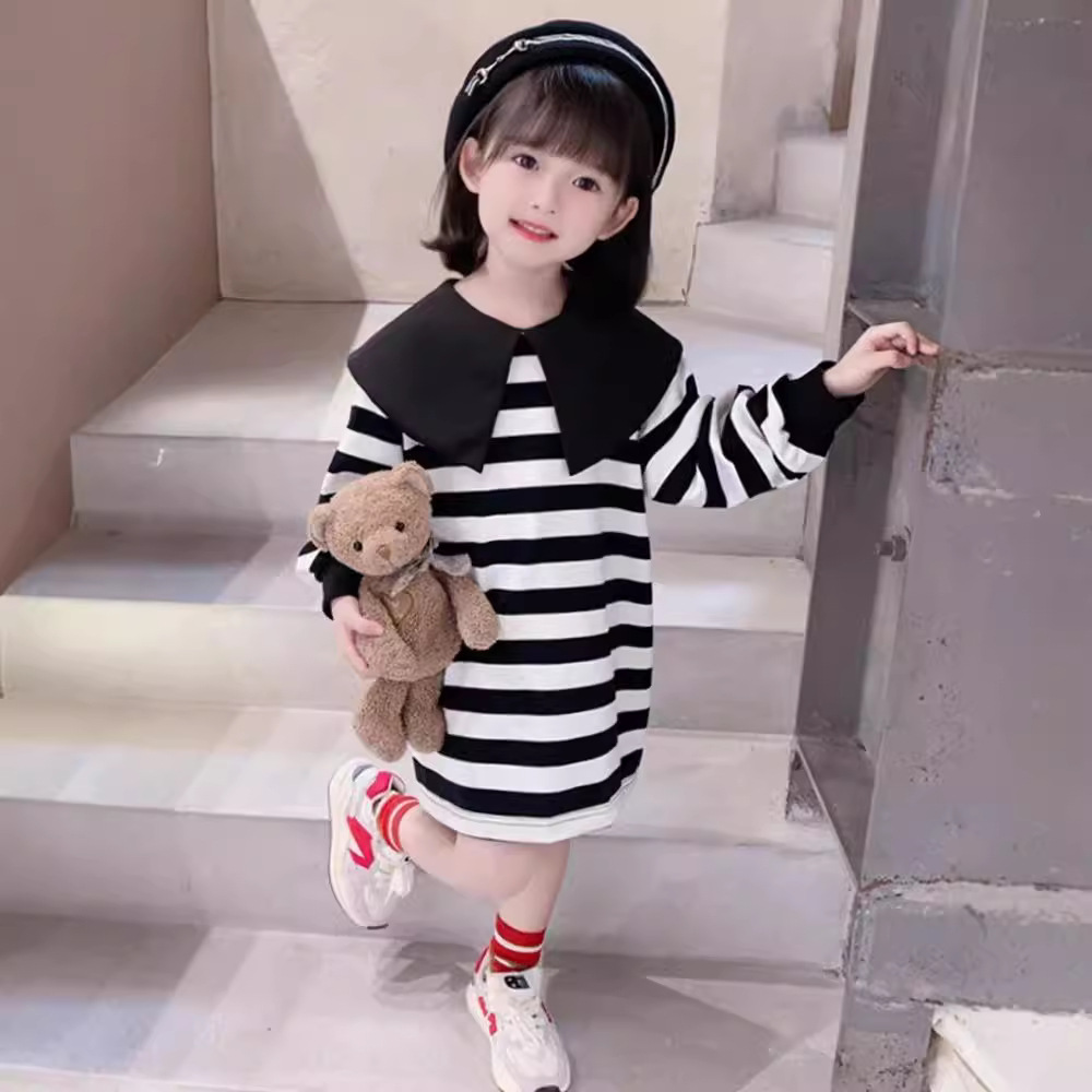 儿童装卡通卫衣连衣裙2023春秋新款女童宝宝娃娃领可爱风甜美