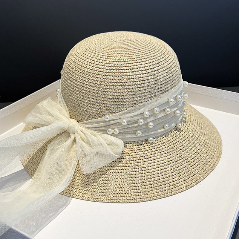 Summer Elegance Straw Woven Pearl Mesh Sun-Proof Straw Hat Female Bow French Sun Protection Hat Seaside Bucket Hat Bucket Hat