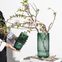 现代花瓶ins摆件直筒竖纹彩色玻璃花瓶桌面干花水培花瓶生产批发