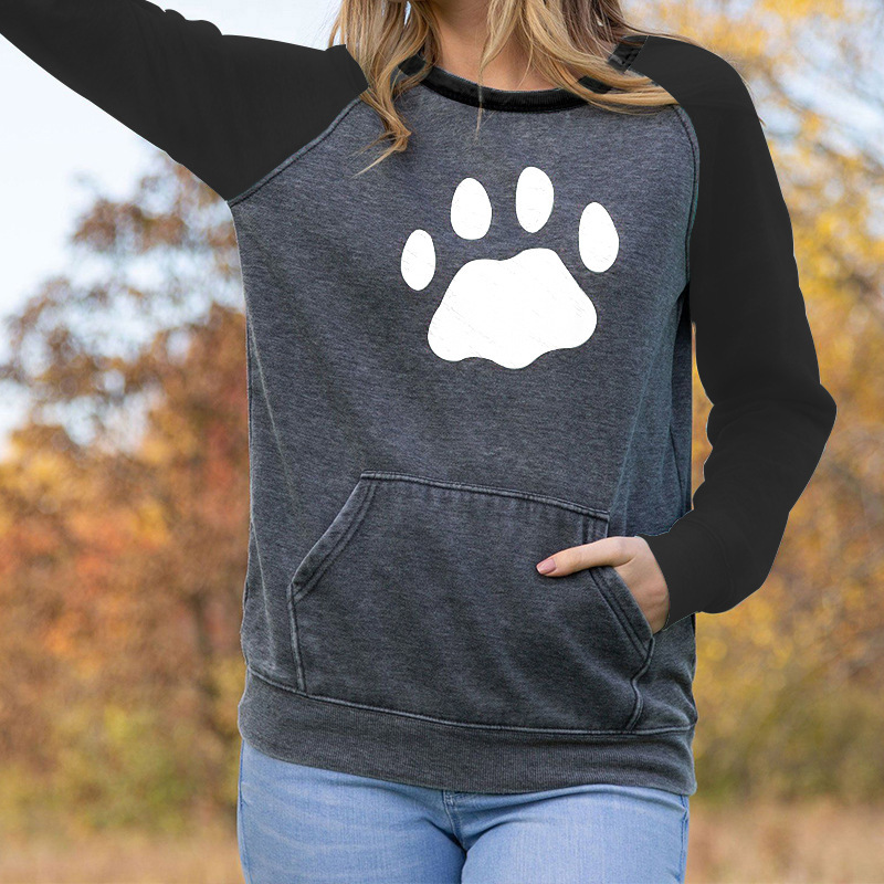 2023欧美亚马逊跨境秋季新款时尚拼色猫爪印花休闲百搭长袖上衣女