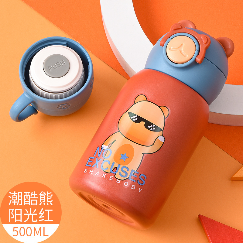 New 316 Stainless Steel Children Pot Belly Thermos Cup Cute Cartoon with Straw Cup One Cup Double Lid Bottle for Children