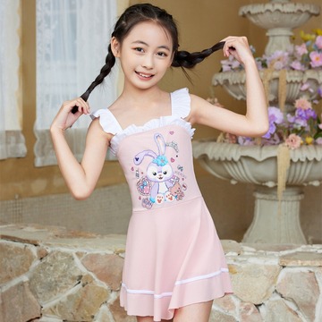 韩版女童新款连体裙式泳衣可爱卡触碰吊带速干泳衣中小童泳装批发