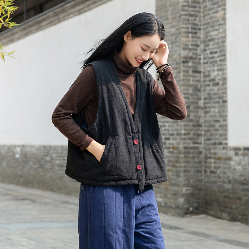 2021新款棉麻女装复古文艺拼接苎麻盘扣加厚保暖女士棉服棉麻马甲