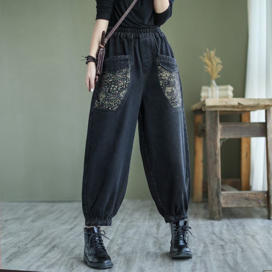 2021年秋装日系松紧腰显瘦贴布口袋印花黑色休闲灯笼牛仔裤女