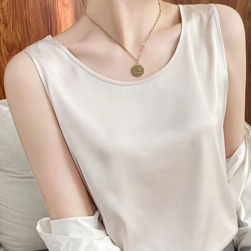 High-End round Neck Vest Women's Outer Wear Satin Sling 2023 New Suit Inner Match Sleeveless T-shirt Bottoming Top