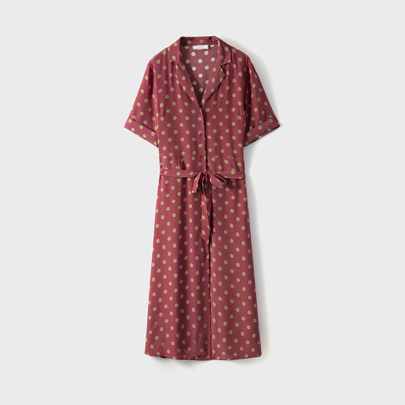 重磅19姆米西装领短袖真丝连衣裙女桑蚕丝印花收腰显瘦衬衫裙