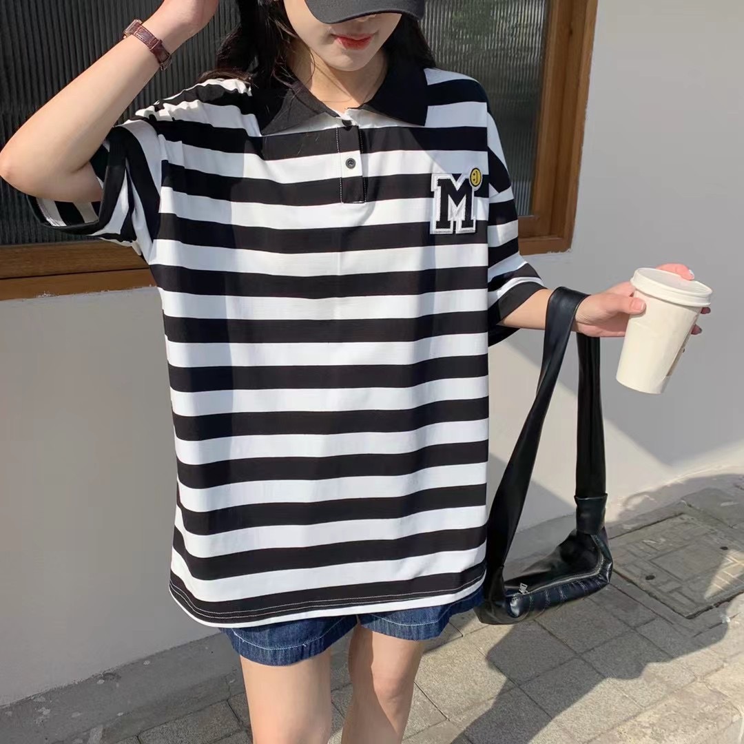 2022夏季新款日系韩版时尚文艺条纹纯色拼色背后印字母宽松t5638