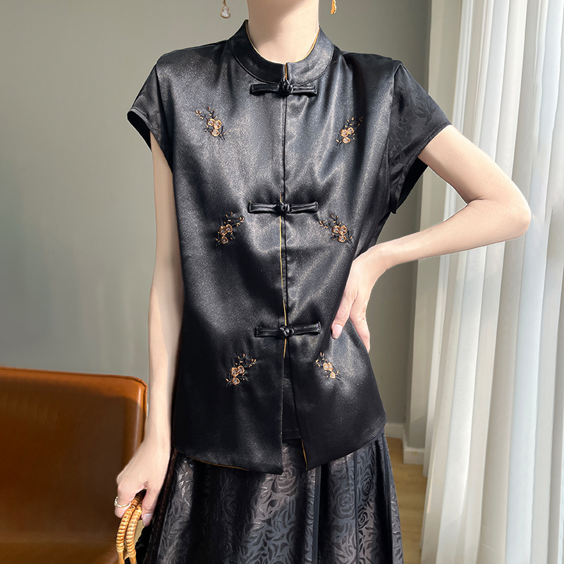 新中式国风醋酸缎面提花旗袍马甲背心女春季复古盘扣坎肩外套上衣