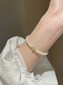 近圆天然淡水迷你细小米粒珍珠手链女夏和田玉小众轻奢叠戴
