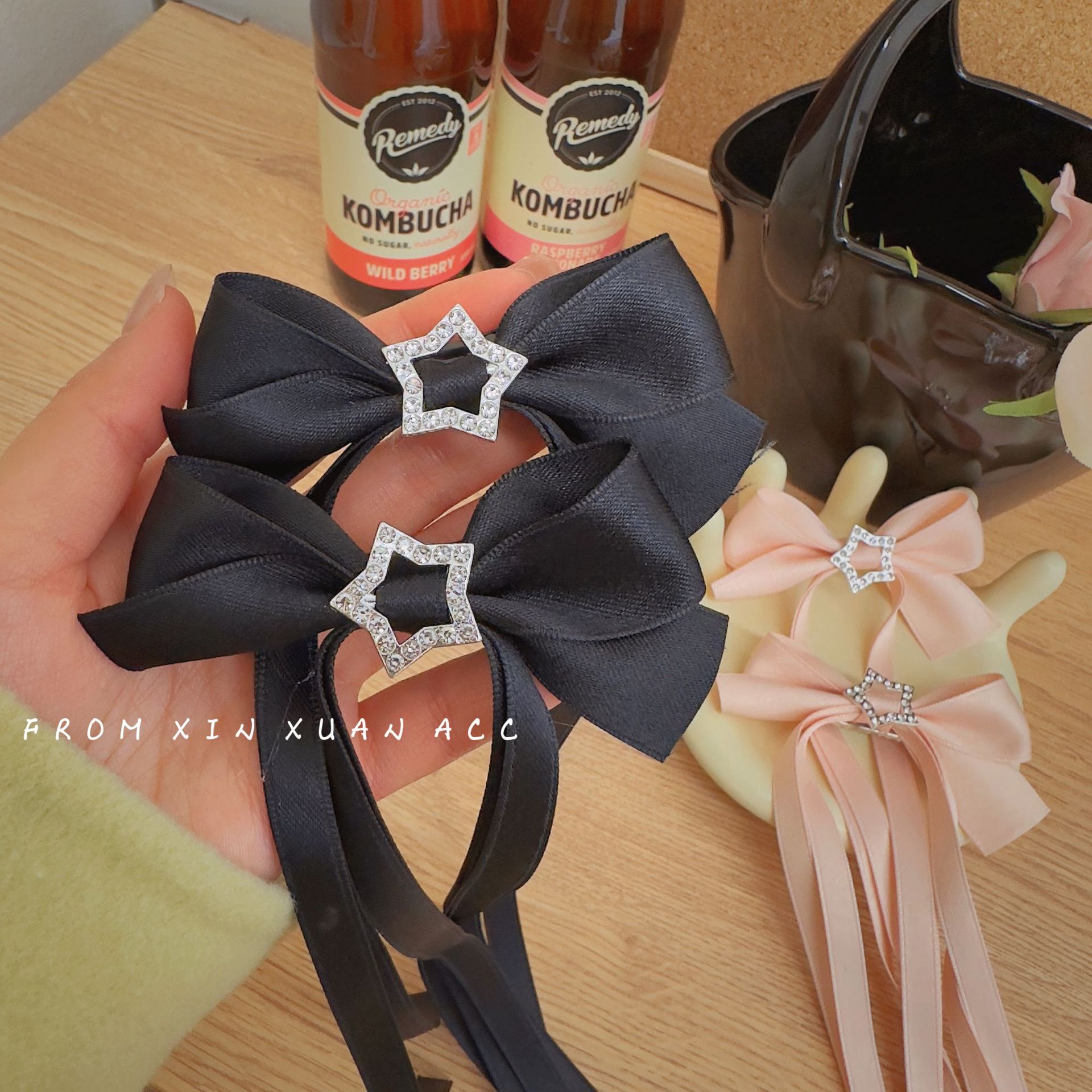 无名浪漫 法式少女蝴蝶结飘带发夹子 高级感星星闪钻编发带鸭嘴夹