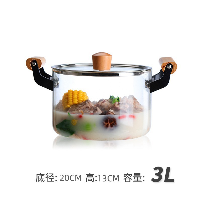 Wholesale Thickened Borosilicate Heat-Resistant Glass Wooden Handle Pot Electric Ceramic Stove Open Fire Heating Glass Pot Soup Cooking Noodle Pot