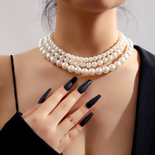 创意简约珍珠项链女小众设计三层锁骨链复古项链巴洛克项链叠戴