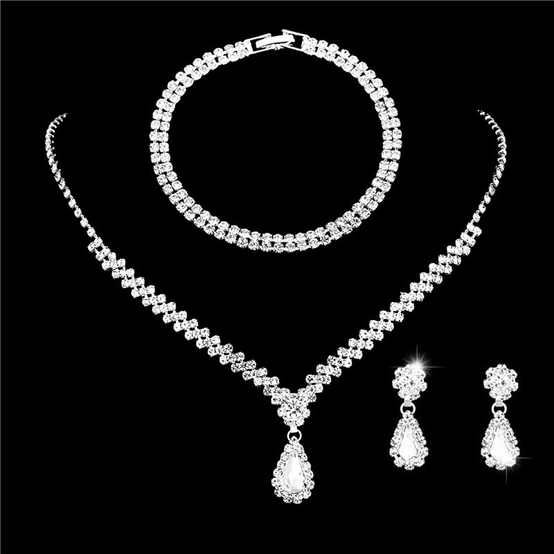 Cross-Border Diamond Drop Earrings Bracelet Earrings Necklace Set Fashion Bridal Wedding Jewelry Three-Piece Set Combination