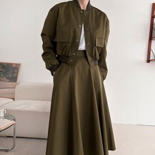 韩国早春法式设计师个性工装夹克外套+高腰大裙摆半身裙时尚套装