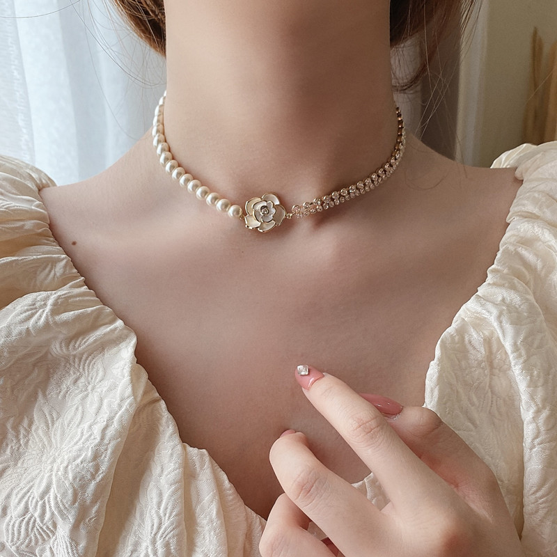 钻钻珍珠拼接韩国东大门山茶花项链锁骨链颈链女短项链