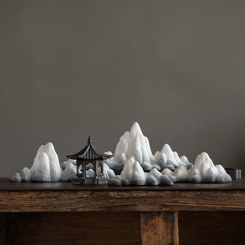 创意陶瓷雪山摆件新中式假山客厅玄关禅意枯山水微景观工艺品摆设