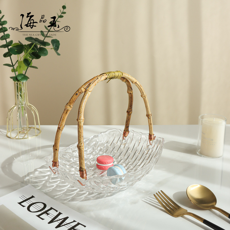 Japanese-Style Cloth Glass Rattan Hand-Held Fruit Basket Fruit Plate Good-looking Household Living Room Coffee Table Dessert Dim Sum Plate