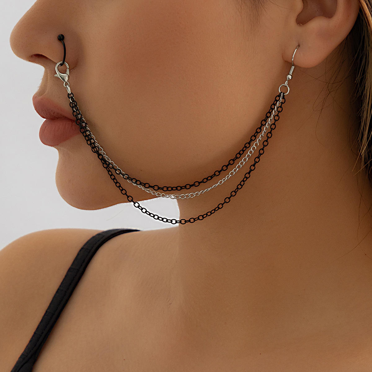 欧美跨境饰品 嘻哈简约链条百搭混色鼻饰 个性耳环一体式穿刺鼻环