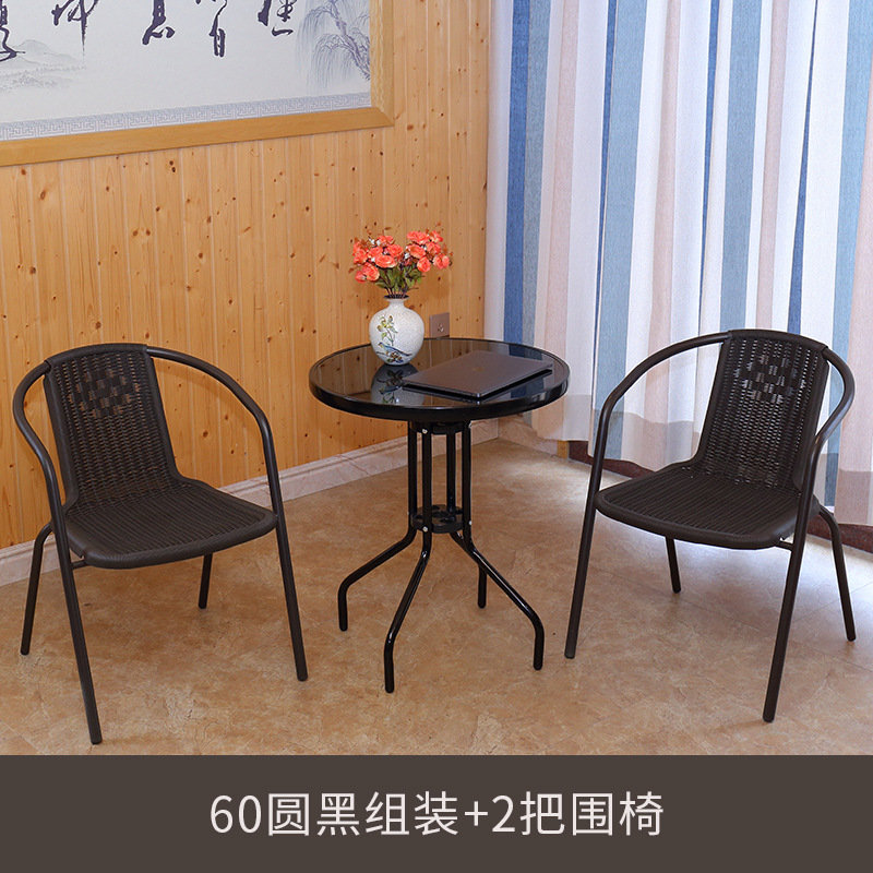 Outdoor Desk-Chair Rattan Chair with Umbrella Balcony Leisure Courtyard Iron Coffee Table Combination Rattan Outdoor Terrace Three Or Five-Piece Set