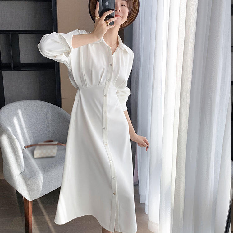 dz水母白衬衫连衣裙 设计感x众收腰显瘦a字长裙女春秋2021新款