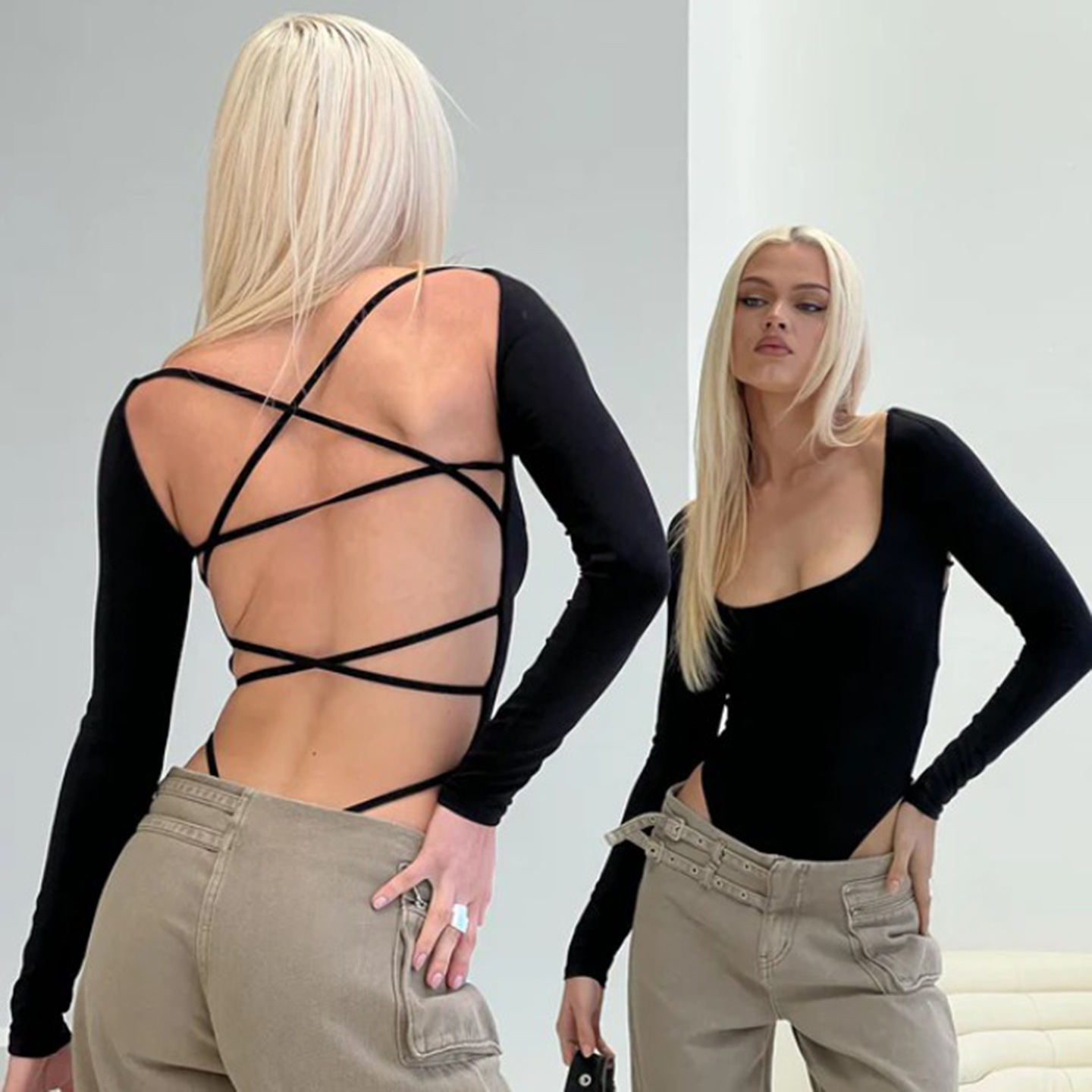 独立站欧美辣妹性感露背绑带长袖T恤女设计感百搭纯色方领连体衣