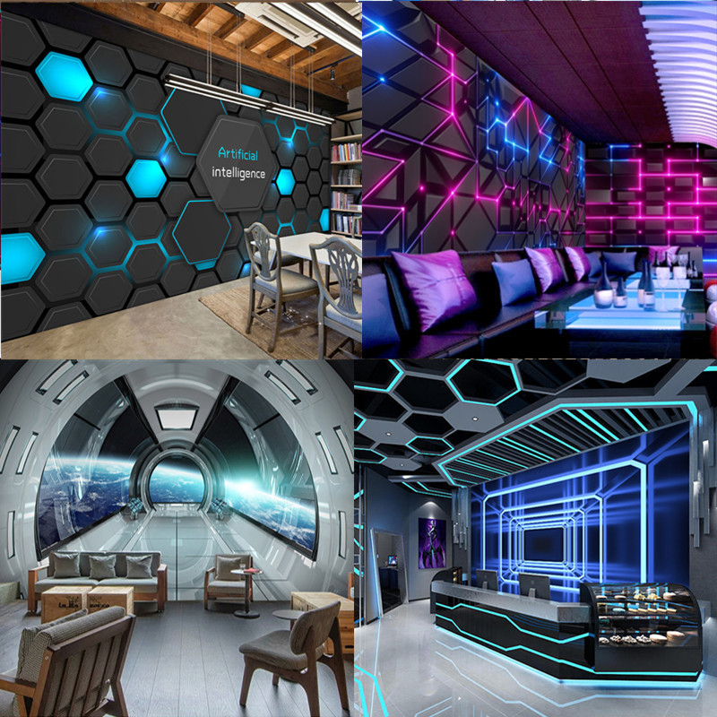 科技感3d背景墙纸ktv网咖发光壁画太空舱酒吧星空电竞馆壁纸自粘