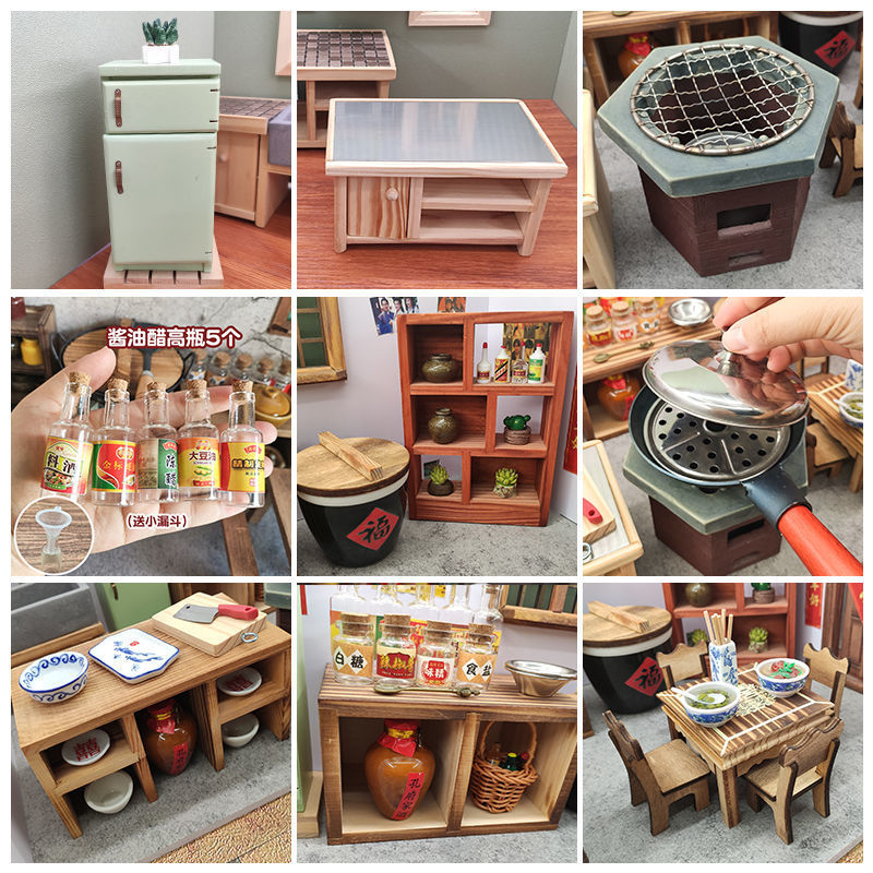 儿童厨房真煮迷你微缩农村食玩小厨具煮饭炉过家家网红模型家具