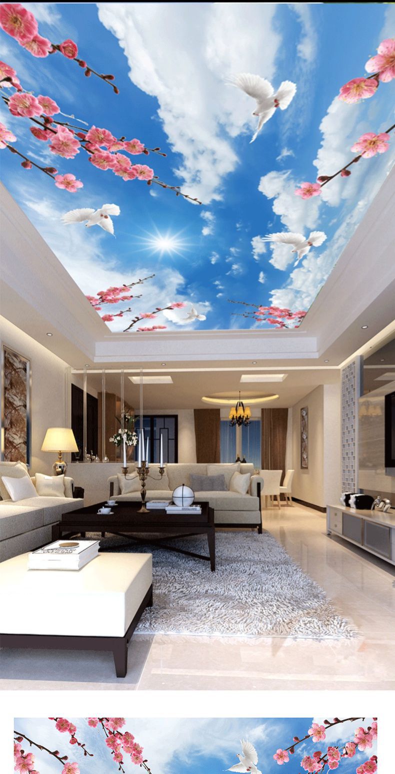 蓝天白云吊顶墙纸天花板壁纸墙布定制清新树枝花鸟顶棚3d立体壁画