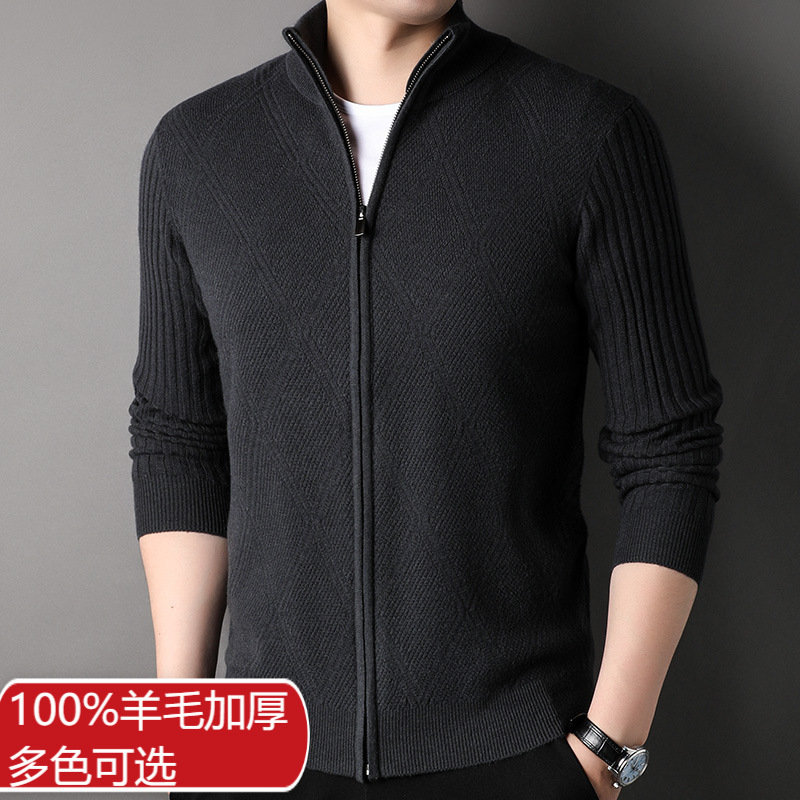 100%纯羊毛开衫男士高领秋冬濮院羊毛衫百搭毛衣针织上衣加厚外套